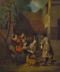 Drinking men in the courtyard of an inn by Jan Josef Horemans, oil on canvas, sold Jun 2015