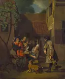 Jan Josef Horemans, Drinking men in the courtyard of an inn, oil on canvas