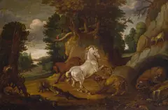 Jacob Savery the Younger, Forest landscape with a stallion and numerous animals, oil on panel
