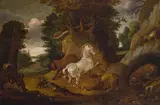 Jacob Savery the Younger, Forest landscape with a stallion and numerous animals, oil on panel