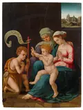 Mary with child, Saint Elizabeth and Saint John the Baptist as child by Raffaelo Sanzio, called Raffael , follower of, oil on panel, offered Jun 2015