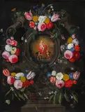 Jan van Kessel the Elder, Garland of flowers with a cartouche depicting the christ child, 1658, oil on canvas