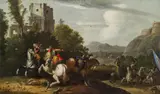 attributet to Georg Philipp Rugendas the Elder, Horsemen in a wide landscape with ruins, oil on panel