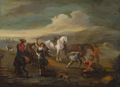 attributet to August Querfurt, Landscape with troopers, oil on canvas