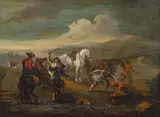 attributet to August Querfurt, Landscape with troopers, oil on canvas
