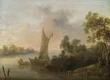 River landscape with a sailing boat by attributet to Christian Hilfgott Brand, oil on panel, offered Jun 2015