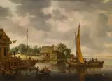 Gillis Peeters der Ältere, Inn by a river with boats, oil on panel