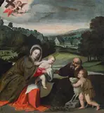 Holy Family with Saint John the Baptist as child by circle of Polidoro da Lanciano, oil on canvas, offered Jun 2015