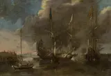 Andries Eertvelt, Barques at the shore, oil on panel