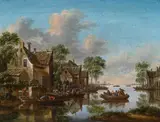 Thomas Heeremans, Village by a river with boats, 1683, oil on canvas