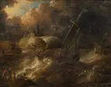 Peter van de Velde, Ships in rough sea, oil on panel