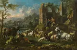 Cajetan Roos, Shepherds with animals in a southern landscape with ruins, oil on canvas