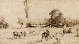 Albert Anker, Two shepherds with goats and sheep, ink on paper