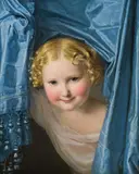 Ferdinand Georg Waldmüller, Child looking out from under a blue satin curtain