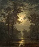 attributet to Louis Douzette, Night of a full moon, oil on canvas