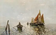 Lea von Littrow, Fischermen in the Laguna Veneta, oil on canvas