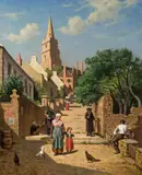Eugène François Fines, View of Lannion, Bretagne, oil on canvas