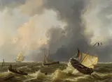 Louis Verboeckhoven, Ships on rough sea, oil on panel