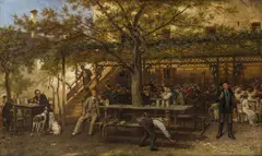 Alois Schönn, Beer garden of the Augustinerbräu in Salzburg, oil on canvas