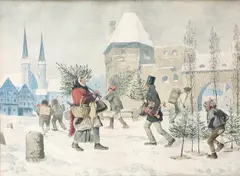 Alois Greil, Christmas shopping, watercolour on paper