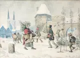 Alois Greil, Christmas shopping, watercolour on paper