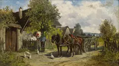 Ignaz Ellminger, Horse-drawn cart in front of a farm, oil on panel