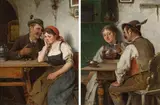 Josef Kinzel, Pendants: The courtship / The pledge, 1887, oil on panel