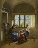 Carl Zewy, Grandmother telling stories, oil on canvas