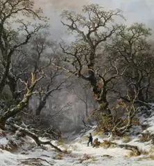 Remigius Adrianus Haanen, Hunters in the forest in winter, 1872, oil on canvas