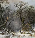 Remigius Adrianus Haanen, Hunters in the forest in winter, 1872, oil on canvas