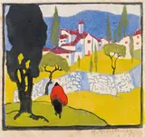Herbert Gurschner, Lady in Italian landscape, colour wood cut on paper