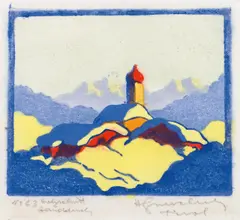 Herbert Gurschner, Snowy mountain village, colour wood cut on paper