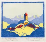 Herbert Gurschner, Snowy mountain village, colour wood cut on paper