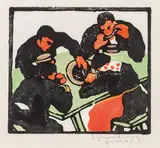 Herbert Gurschner, At the table, colour wood cut on paper