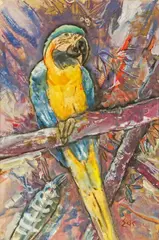 Walter Eck, Parrots, mixed media on paper