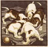 Norbertine Bresslern-Roth, Young hounds, woodcut on paper