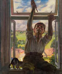 Abraham Neumann, Male sitting on the windowsill, oil on canvas