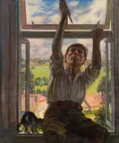 Abraham Neumann, Male sitting on the windowsill, oil on canvas