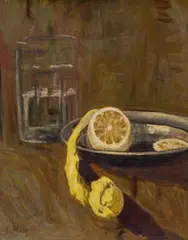 Friedrich Hell, Still life with peeled lemon, oil on cardboard