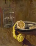 Friedrich Hell, Still life with peeled lemon, oil on cardboard