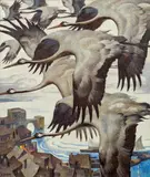 Crane migration by Norbertine Bresslern-Roth, oil on jute, sold May 2015