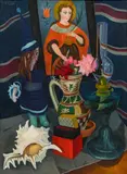 Rudolf Wacker, Still life with lamp, sea shell, doll and reverse glass painting, 1925, oil on canvas