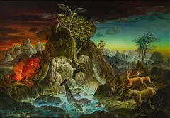 Peter Proksch, Die vier Elemente (the four elements), 1985/86, resin oil, egg tempera on wood fiber