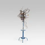 Leherb, Blue coat stand with feathers, twigs, etc., coat stand (metal), stuffed animals, wood, wooden figurines