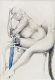 Leherb, Nude with blue umbrella, mixed media, collage on paper