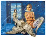 Leherb, La belle epoque, 1972, oil on canvas, stuffed pigeon, pearls