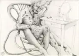 Leherb, Mann mit Fliegen, pencil on cardboard