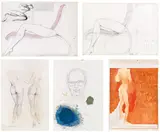 Leherb, Mixed lot of 5 sheets: Untitled (die aufblasbaren Schwestern), 1978, mixed media/collage on paper; pencil on cardboard; mixed media on cardboard; unframed