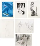 Leherb, Mixed lot of 6 pieces, pencil on paper; print; mixed media on cardboard; unframed
