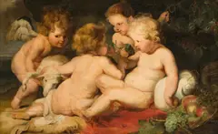 follower of Peter Paul Rubens, Christ and John the Baptist as children and two angels, oil on panel (parqueted)